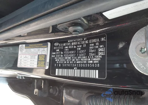 2013 Kia Sorento Lx z USA, uszkodzony, nr VIN 5XYKT3A13DG395638